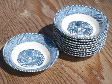 Currier & Ives vintage blue & white Royal china, 10 small fruit bowls