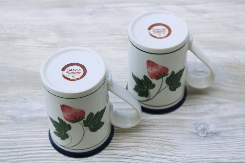 Dansk Berries strawberry pattern blue band white china mugs or coffee cups