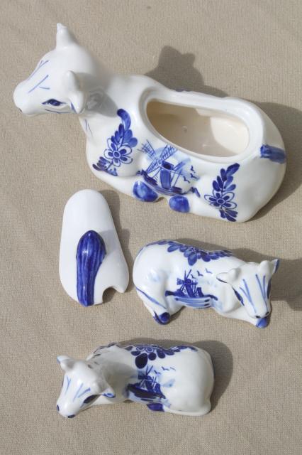 Delft blue & white china cows table set, cow jam pot, salt and pepper shakers
