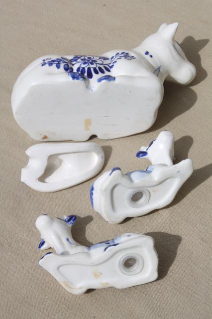 Delft blue & white china cows table set, cow jam pot, salt and pepper shakers