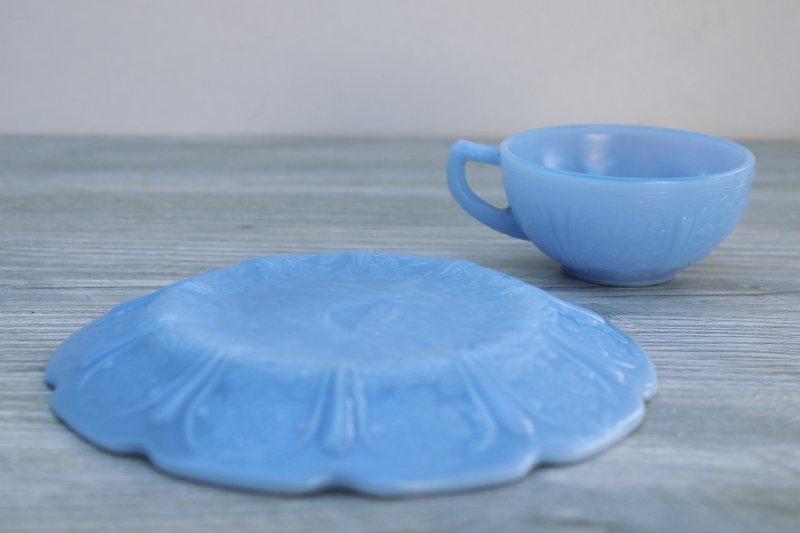 Delphite blue milk glass, vintage Jeannette cherry blossom doll dishes, childs play set cup and plate
