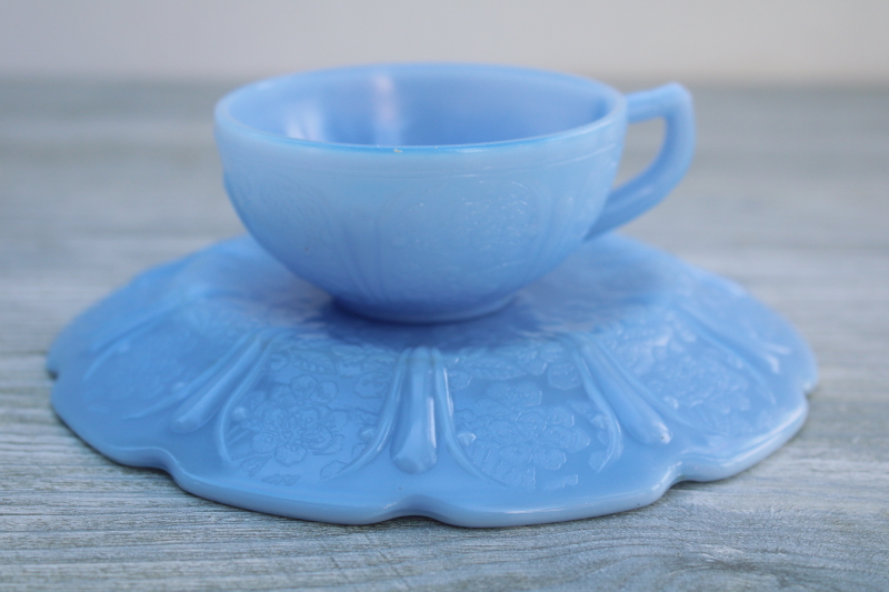 Delphite blue milk glass, vintage Jeannette cherry blossom doll dishes, childs play set cup and plate