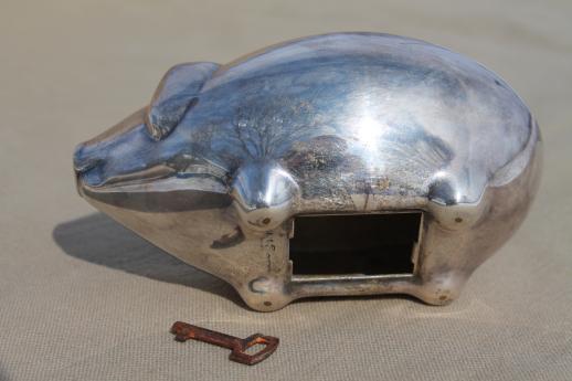 Denmark silver piggy bank, shabby vintage silver plated coin bank pig