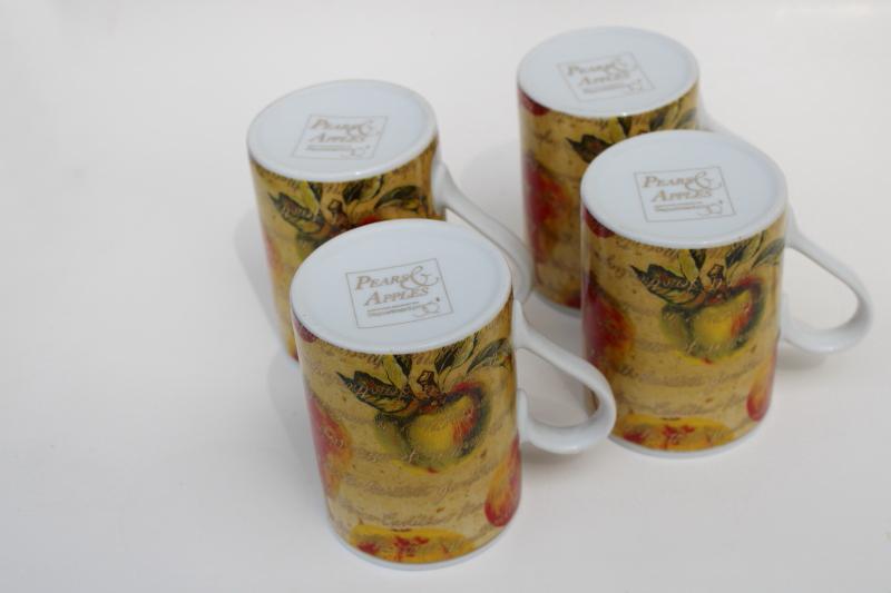 Dept 56 Pears & Apples pattern mugs, autumn pumpkin spice season coffee or cider cups