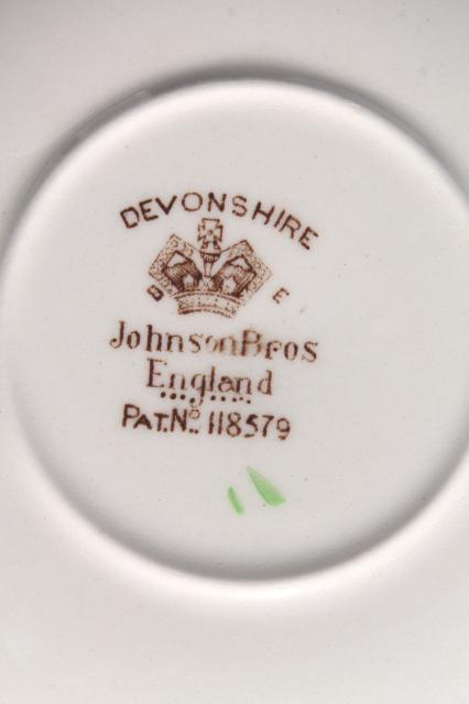 Devonshire Johnson Brothers china, vintage transferware cups & saucer set for 8