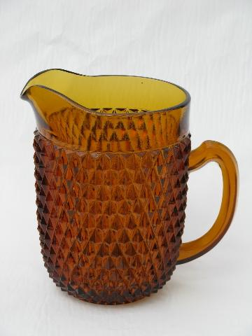 Diamond point pattern, vintage pressed glass pitcher, amber