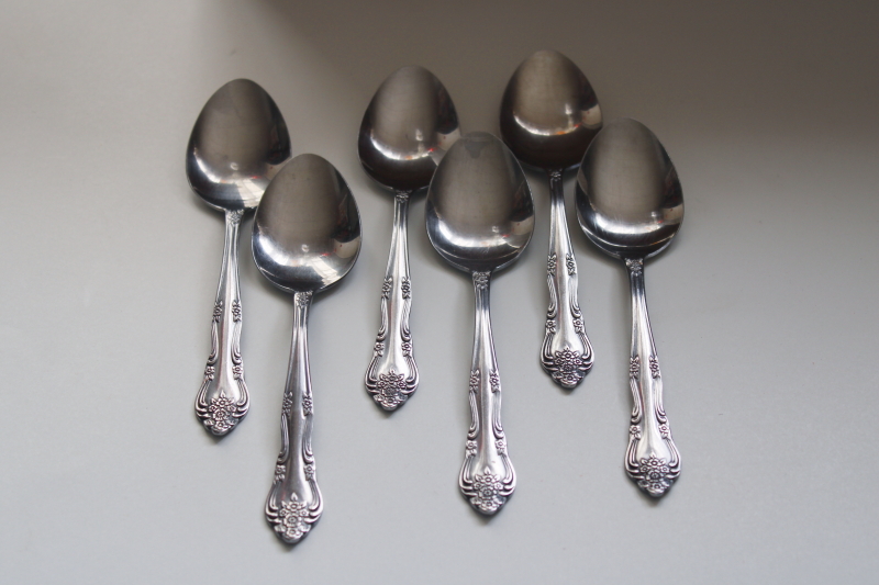 Dream Rose pattern soup spoons set of 6, Stanley Roberts vintage Rogers Korea stainless flatware