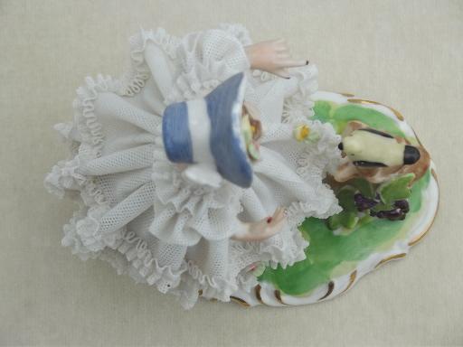 Dresden lace china  girl figurine, antique Germany crossed swords mark 