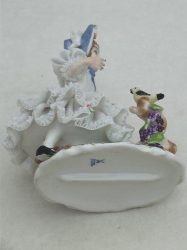 Dresden lace china  girl figurine, antique Germany crossed swords mark 