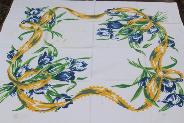 Dutch tulips print vintage cotton tablecloth, Swedish country blue & yellow
