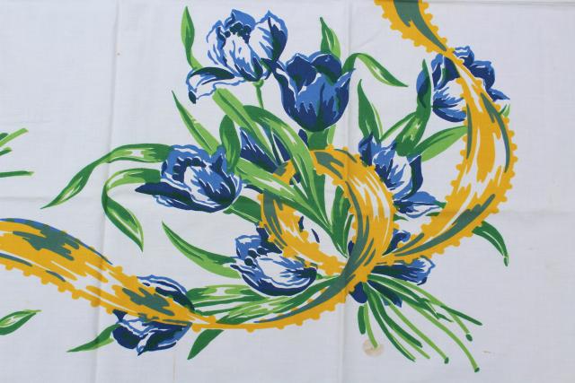 Dutch tulips print vintage cotton tablecloth, Swedish country blue & yellow