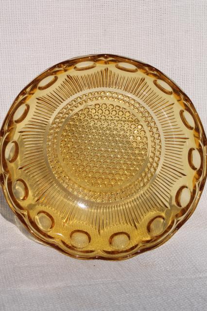 EAPG Manhattan pattern glass bowl, vintage amber glass thumbprint round dot coinspot