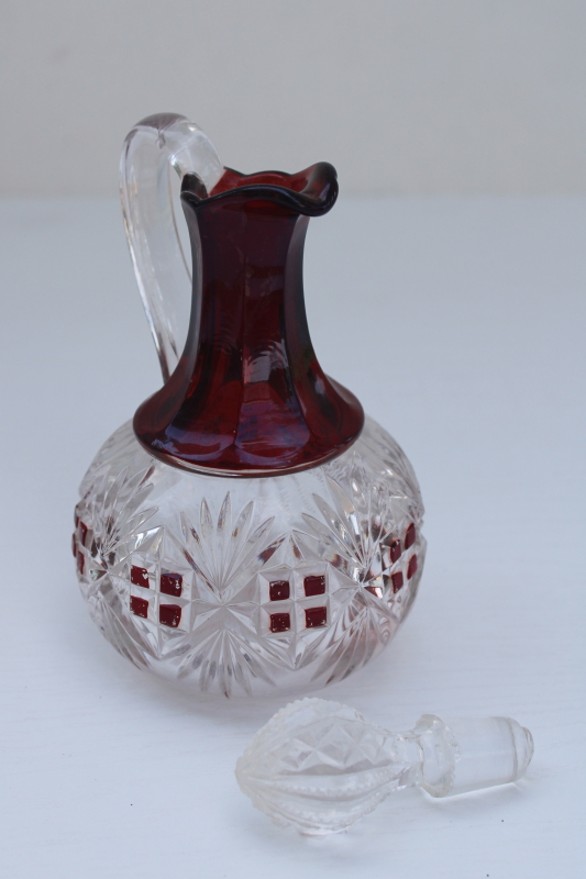 EAPG McKee Majestic antique pressed glass cruet, ruby stain glass pitcher w/ stopper