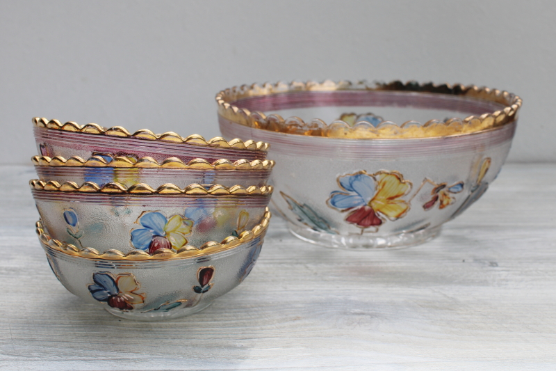 EAPG Northwood Mikado pattern pressed glass berry bowls set vintage 1904, painted pansy flowers