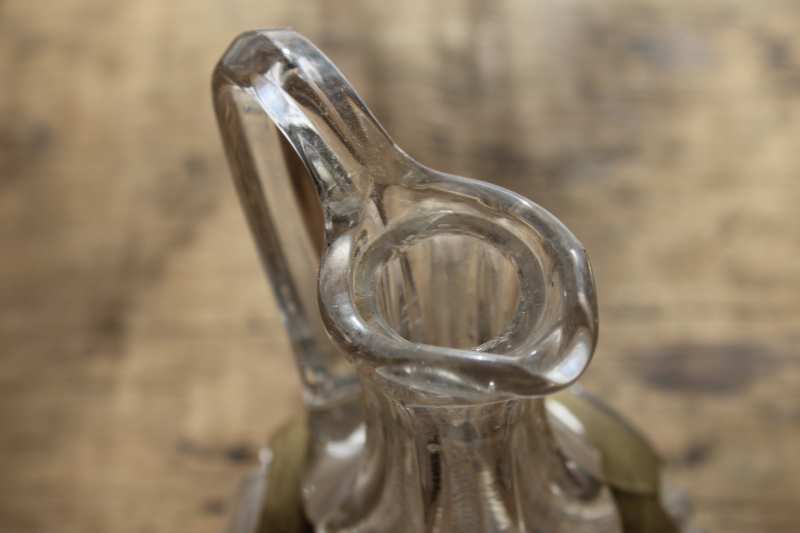 EAPG antique glass cruet, bullseye thumbprint heart pattern pressed blown glass pitcher w/ stopper