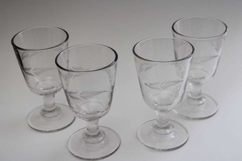 EAPG antique glass goblets, etched fern pattern water glasses, 1800s vintage stemware