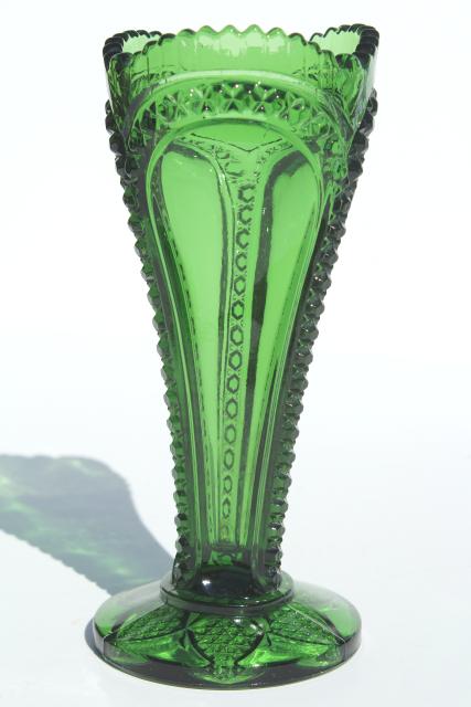 EAPG antique green glass trumpet vase, fine cut panel pattern pressed glass