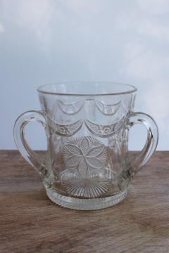 EAPG antique pressed glass loving cup three handle tyg, ornate rosette  drapery pattern