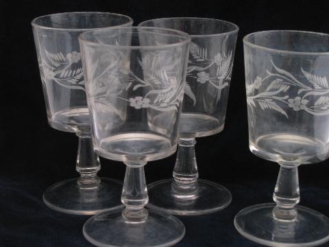 EAPG antique stemware, 4 old etched glass water glasses, large goblets