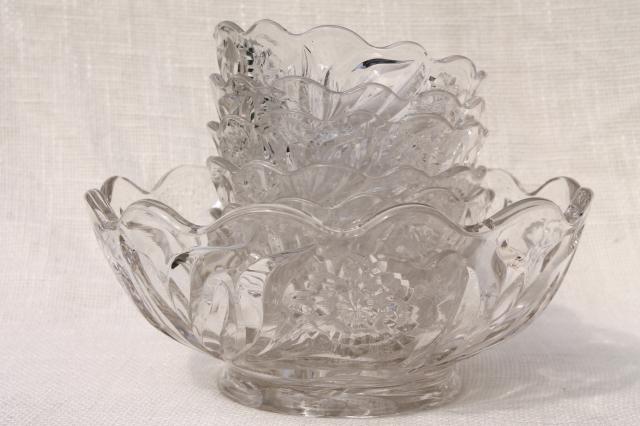 EAPG antique vintage glass berry bowls set, carnation pattern pressed glass