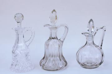 EAPG antique vintage glass cruets, blown pressed pattern cruet bottles & stoppers