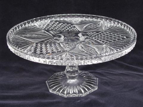 EAPG vintage pressed glass cake stand, star & fan pattern