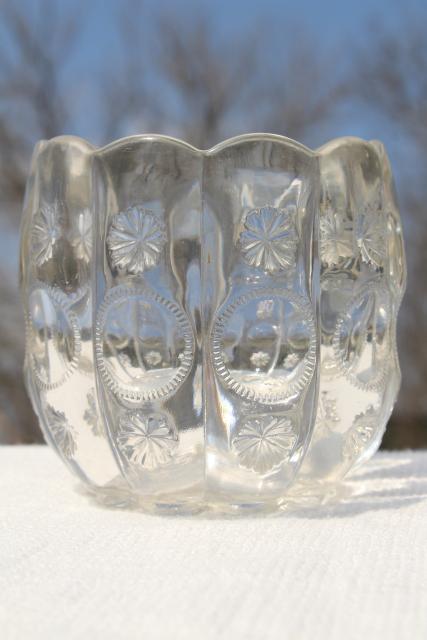 EAPG vintage pressed pattern glass spooner or celery vase, Dalzell's Priscilla moon & stars