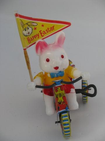 Easter Bunny on litho print bike, vintage Japan wind-up tin toy in box