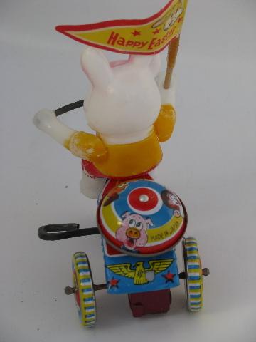 Easter Bunny on litho print bike, vintage Japan wind-up tin toy in box