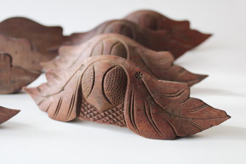 Eastlake antique carved wood bin pull drawer pulls, Adirondack style leaf & acorn