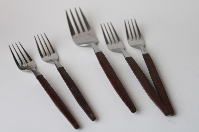 Ekco Eterna Canoe Muffin stainless flatware lot, mod vintage rosewood melamine handles