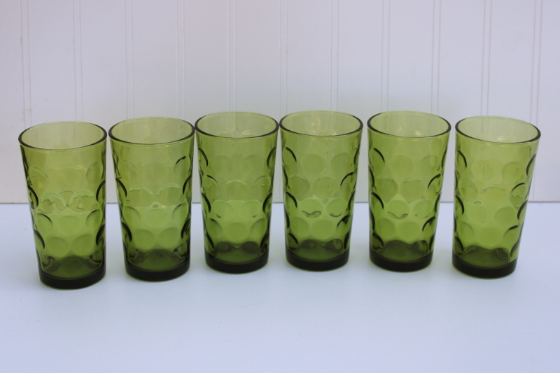 Eldorado dots coin spot pattern drinking glasses, 60s 70s vintage avocado green glass tumblers