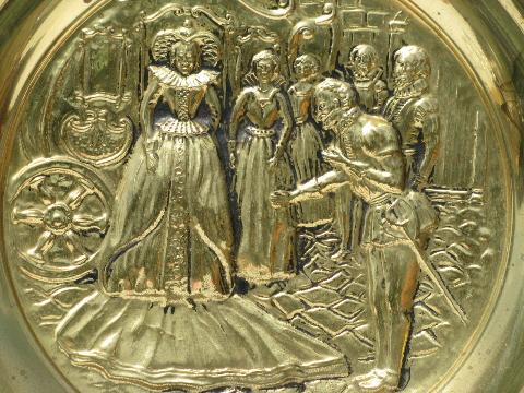 Elizabeth I renaissance embossed vintage English brass charger tray