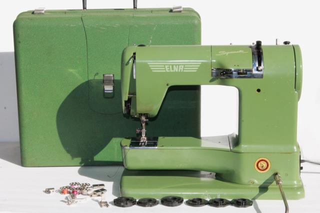 Elna Supermatic sewing machine, industrial vintage grasshopper green w/case