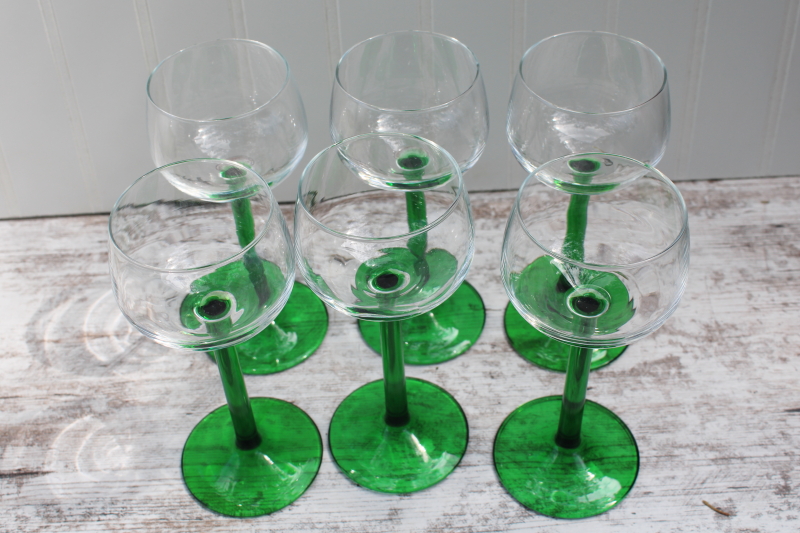 Emerald green stem clear bowl Rhine wine glasses set vintage Cristal dArques France