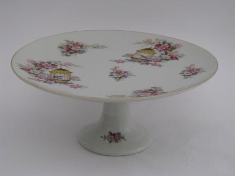 Enesco china pedestal plate, candy dish or small cake stand, birds and birdcages