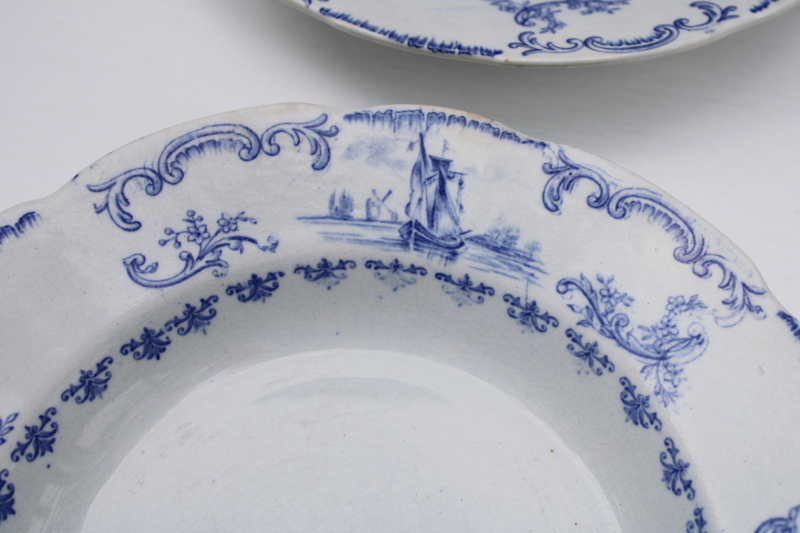 English Delft blue white china soup plate bowls, French country style Angleterre porcelain