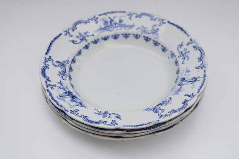 English Delft blue white china soup plate bowls, French country style Angleterre porcelain