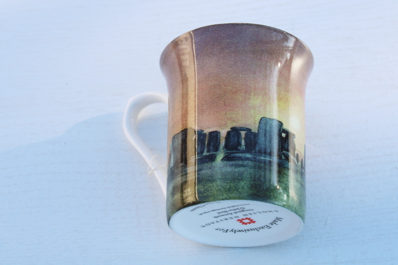 English Heritage bone china coffee or tea mug new w/ tag, Stonehenge John Bird art print