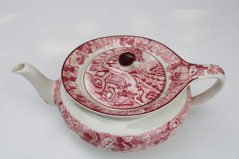 English Scenery red transferware teapot and lid, shabby vintage Enoch Wood Sons china