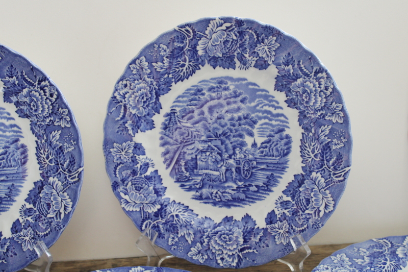 English Scenery vintage Wood  Sons blue  white china dinner plates, set of 6