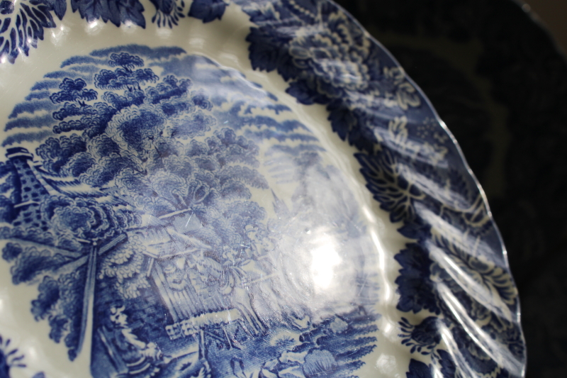 English Scenery vintage Wood  Sons blue  white china dinner plates, set of 6