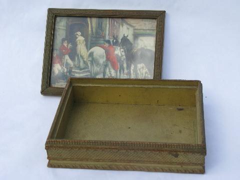 English fox hunt scenes, collection of vintage wood boxes, jewelry box etc.