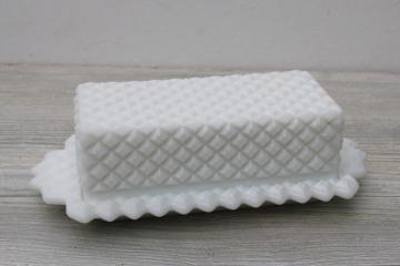 English hobnail vintage Westmoreland milk glass covered butter dish, plate w/ cover