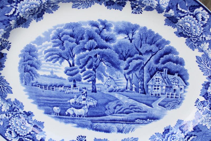 English scenery vintage blue & white transferware china large & small platters