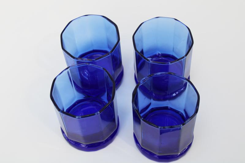 Essex Anchor Hocking cobalt blue glass tumblers, double old fashioned drinking glasses 