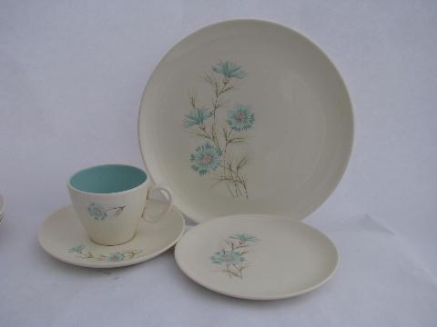 Ever Yours aqua blue cornflower floral dishes for 4, 1960s vintage TS&T