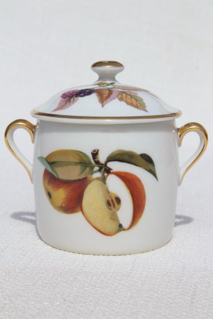 Evesham Royal Worcester china jam pot, vintage fruit pattern marmalade jar w/ lid