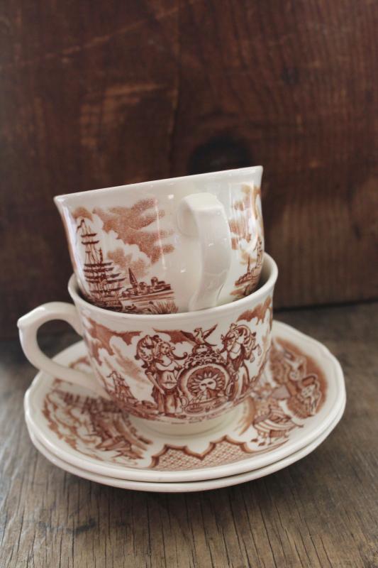 Fair Winds Alfred Meakin china tea cups and saucers w/ tall ships historic scenes