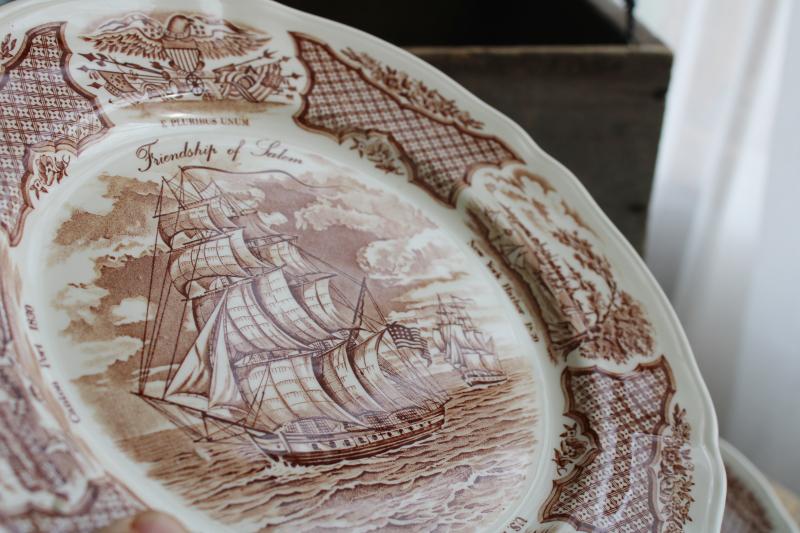 Fair Winds tall ships sailing, vintage brown transferware china dinner plates set of 12